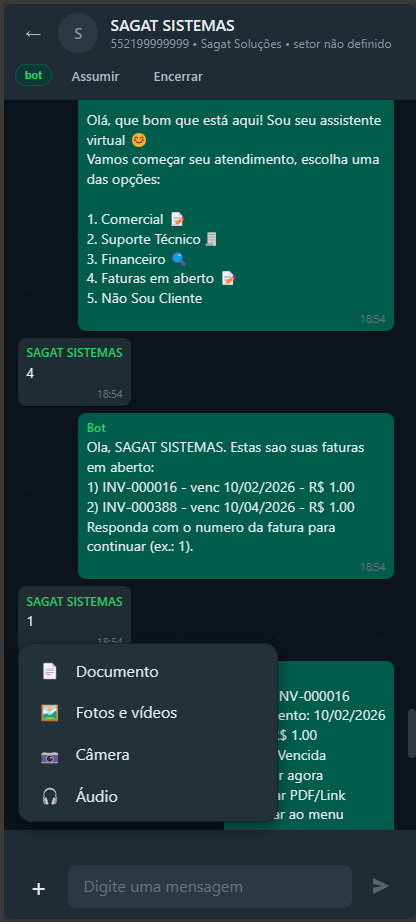Painel SagatOne em modo escuro mostrando um atendimento WhatsApp com bot, handoff para atendente humano e confirmação de encerramento.
